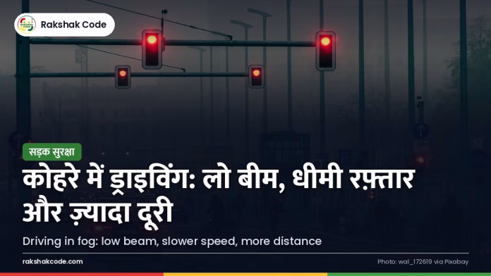 कोहरे में ड्राइविंग: फॉग लाइट, स्पीड और दूरी के ज़रूरी नियम घने कोहरे में सड़क पर हेडलाइट जलाए चलती गाड़ी