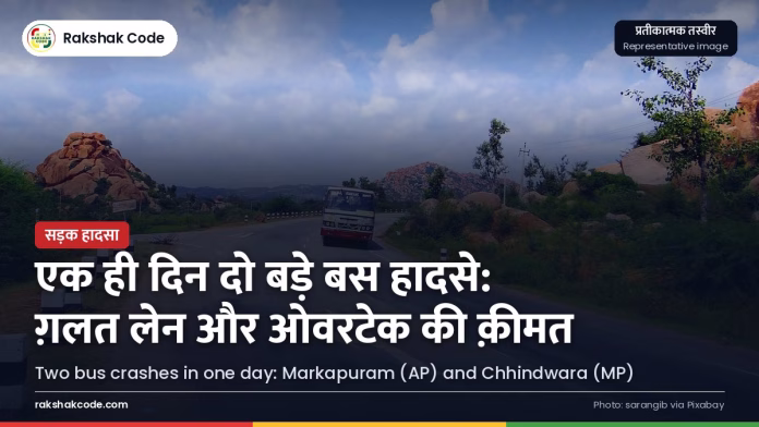 एक ही दिन दो राज्यों में बस हादसे: मार्कापुरम (आंध्र) और छिंदवाड़ा (MP) हाईवे पर बस (प्रतीकात्मक)